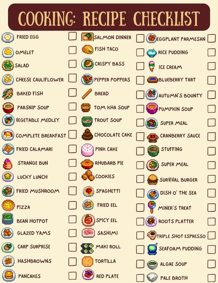 the cooking recipe checklist is shown with many different types of food and drinks on it