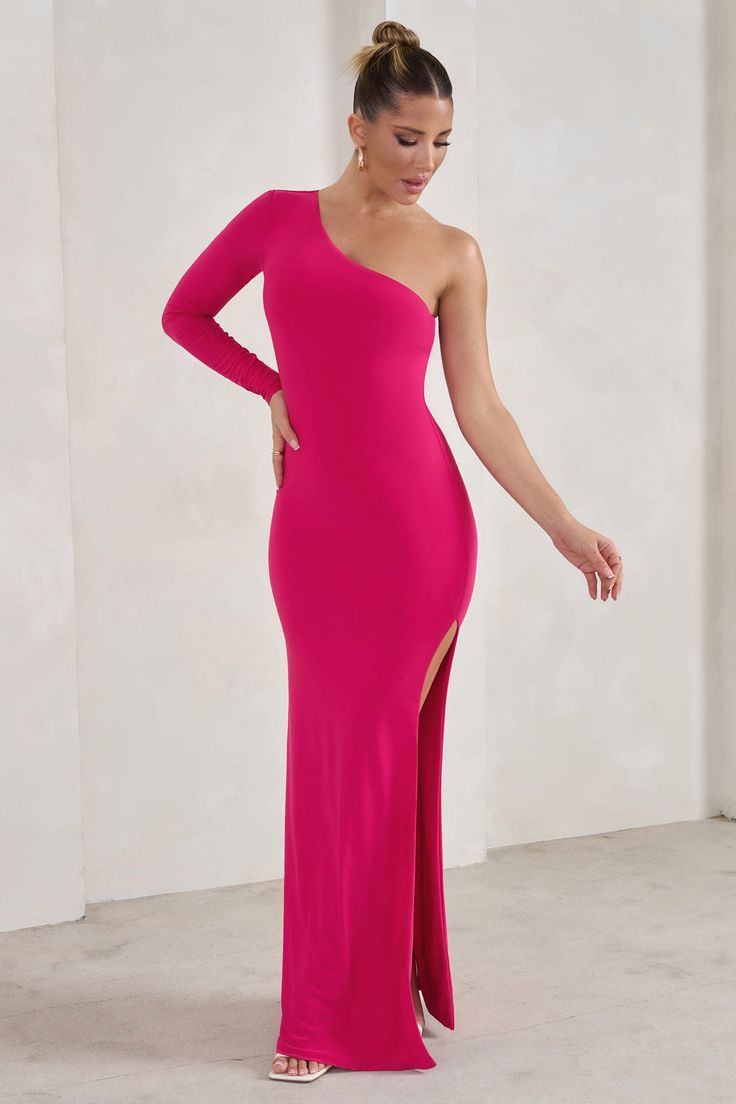 Fitted Bodycon Dress With Asymmetrical Neckline For Prom, Pink One Shoulder Bodycon Evening Dress, Pink One-shoulder Stretch Maxi Dress, Pink One-shoulder Bodycon Evening Dress, Pink Stretch One Shoulder Dress For Night Out, Pink Maxi Dress With Side Slits For Party, Pink Stretch One-shoulder Maxi Dress, Fitted Maxi Length One Shoulder Prom Dress, Fitted One-shoulder Maxi Dress For Party