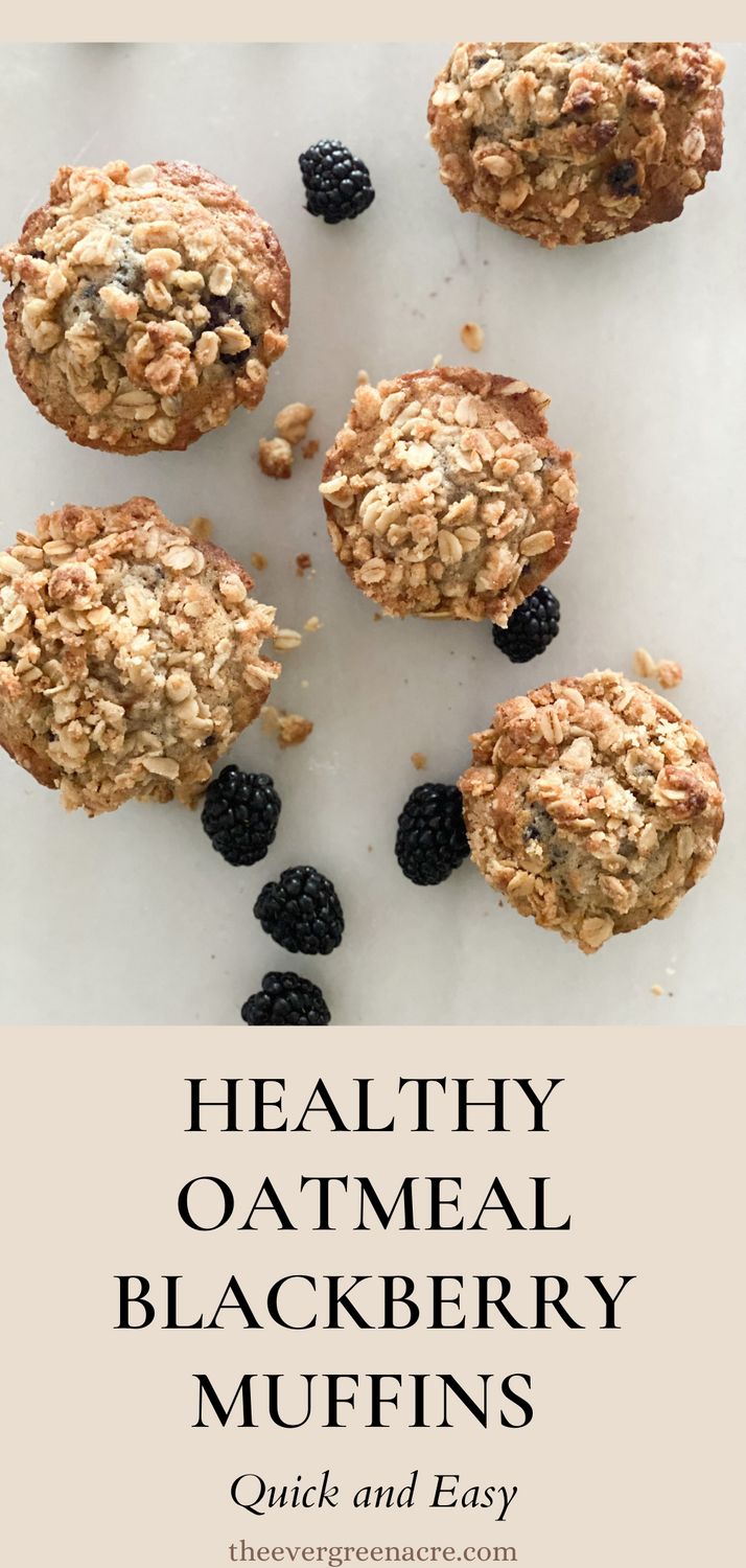 healthy oatmeal blackberry muffins on a white plate with blackberries