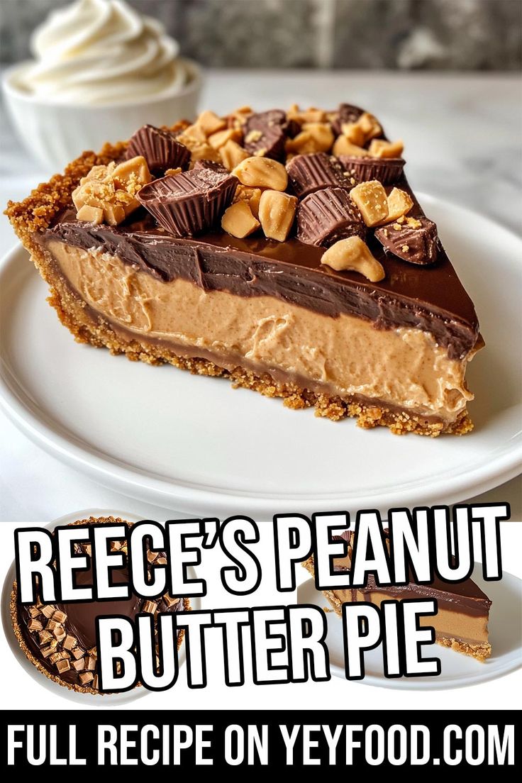 a piece of peanut butter pie on a white plate with the words reese's peanut butter pie