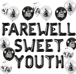 the words farewell sweet youth are surrounded by black and white balloons with castle silhouettes on them