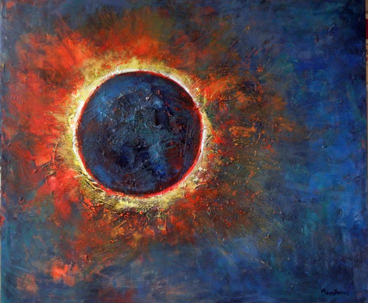 an abstract painting with red, blue and yellow colors in the center on a dark background