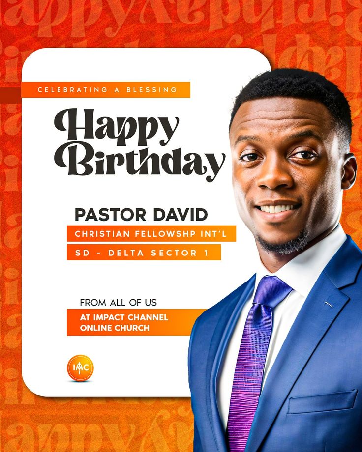 a man in a blue suit and purple tie standing next to a sign that says happy birthday pastor david