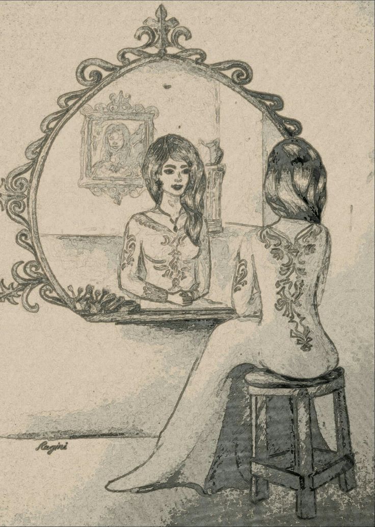 a drawing of a woman sitting in front of a mirror looking at herself in the mirror