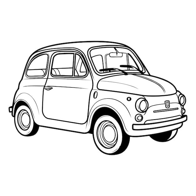 the small car is drawn in black and white, it looks like an old model