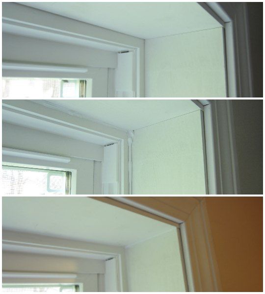 three different angles of a door and window with the same side painted off in white