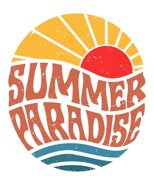 the words summer paradise are painted in red, yellow and blue on a white background