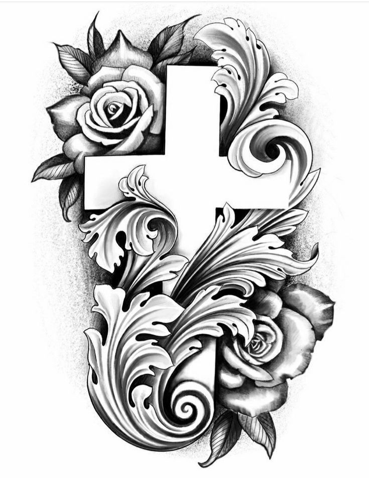 a cross and roses tattoo design on the back of a woman's shoulder,