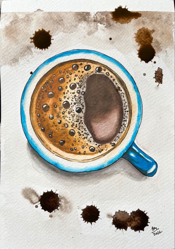 a painting of a cup of coffee with a brown spot in the middle and black spots around it