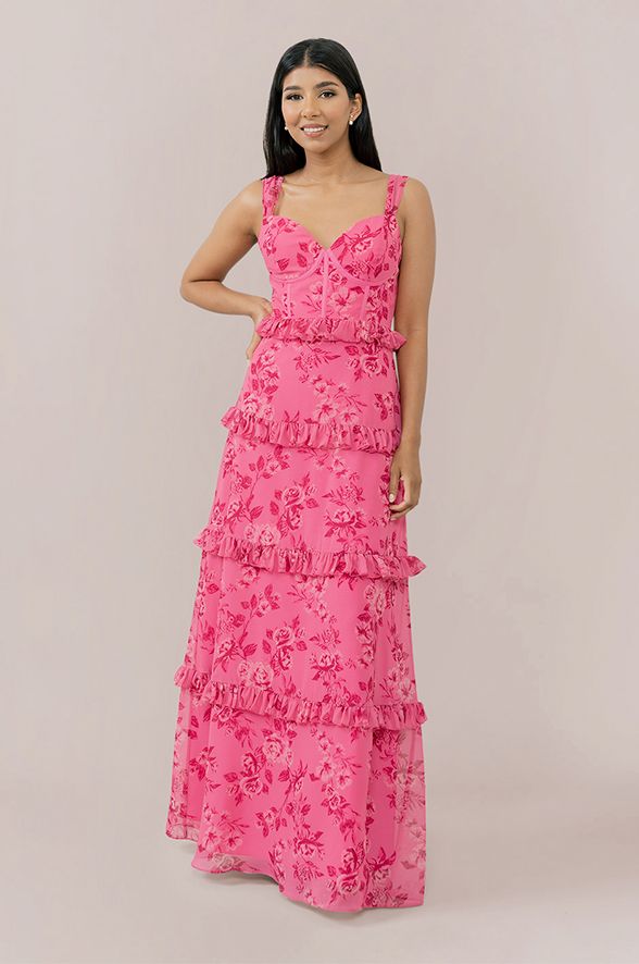 Model: Jacinth; Size: 4; Color: Malibu Pink Bouquet Pink And Green Formal Dress, Tiered Floral Dress, Pink Floral Bridesmaid Dress, Pink Floral Bridesmaid Dresses, Floral Bridesmaid Dresses Mismatched, Garden Wedding Bridesmaid Dresses, Corset Floral Dress, Spring Wedding Guest Attire, White And Pink Dress