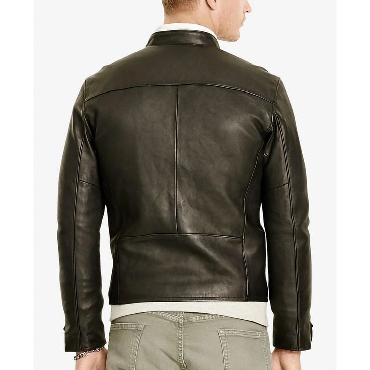 Popularized by European motorcyclists in the 1960s for its slim shape and tapered sleeves, the café racer is a sleek alternative to the traditional biker jacket. Polo Ralph Lauren's version delivers signature luxe style with supple, full-grain leather..Approx. model height is 6'1' and he is wearing a size medium.Size medium has an approx. 26' front body length; 25-1/4' back body length.Stand collar with a signature snapped closure at the front.Full-zip front with a leather pull.Full-zip placket. Racer Leather Jacket, Man Cafe, Cafe Racer Leather Jacket, Leather Jackets Online, Cafe Racer Jacket, Luxe Style, Leather Pulls, Jackets Online, Polo Ralph Lauren Mens