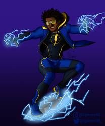 a digital painting of a woman in blue and black with lightning bolts around her body