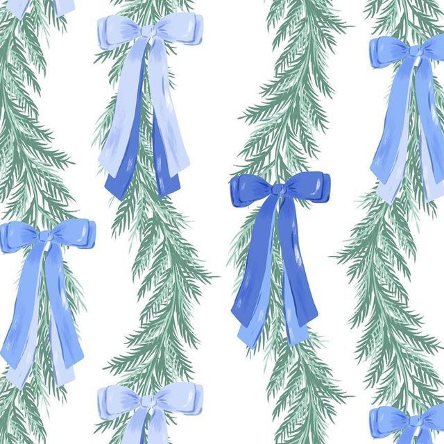 blue bows and pine branches on white background