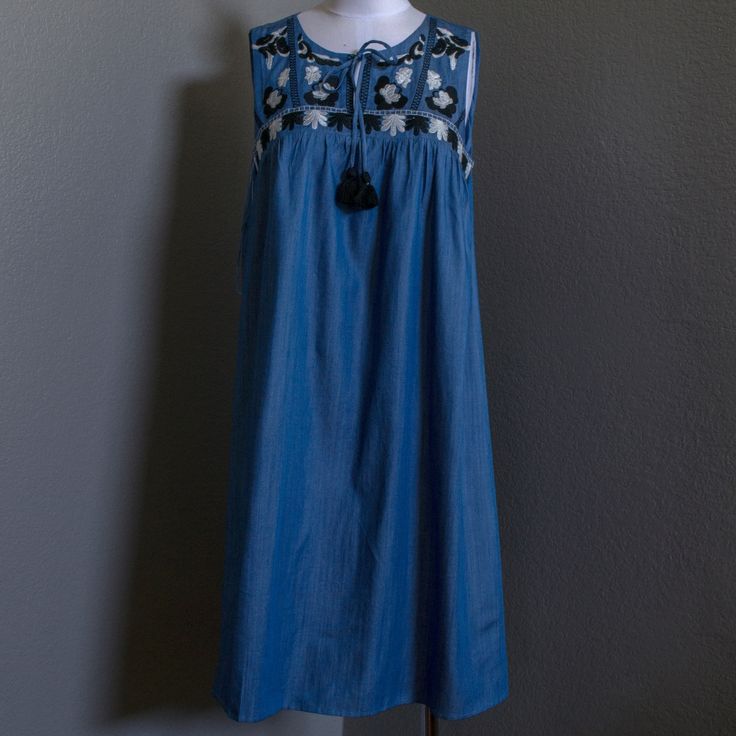 Embroidered Denim Dress Casual Blue Embroidered Dress For Vacation, Blue Bohemian Denim Dress For Spring, Spring Cotton Denim Sundress, Bohemian Denim Dress With Floral Embroidery For Spring, Bohemian Medium Wash Cotton Dress, Spring Vacation Denim Dress In Medium Wash, Spring Denim Blue Beach Dress, Denim Blue Beach Dress For Spring, Spring Vacation Medium Wash Denim Dress