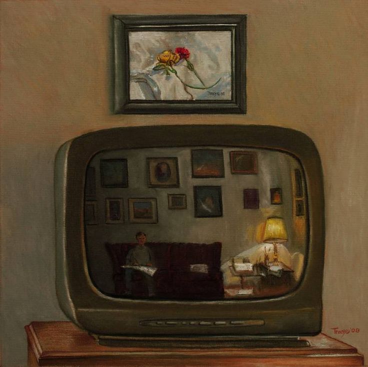 a painting of a man sitting on a couch in front of an old tv set