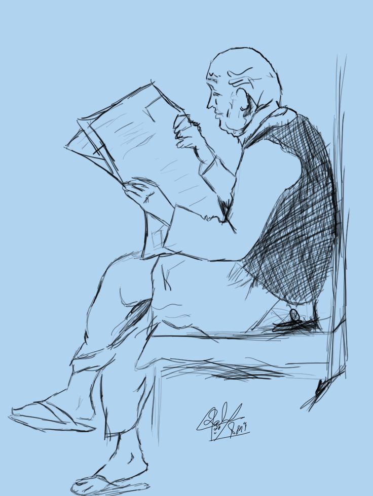 a drawing of a man sitting on a bench holding a paper in his hand and reading