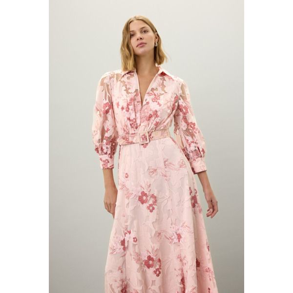 Pink floral (100% Polyester). Gown. 3/4 length sleeves. Collared. Back zipper closure. 61" from shoulder to hemline. Imported. 3/4 Sleeve Floral Midi Dress For Daywear, Floral Print Midi Dress With 3/4 Sleeves For Daywear, Daywear Dresses With Floral Print And 3/4 Sleeves, Formal Spring Maxi Dress With Floral Embroidery, Formal Long Sleeve Maxi Dress With Floral Embroidery, Pink Floral Print Dress With 3/4 Sleeves, Pink Floral Print Dresses With 3/4 Sleeve, Elegant Spring Half Sleeve Maxi Dress, Elegant Half Sleeve Maxi Dress For Spring