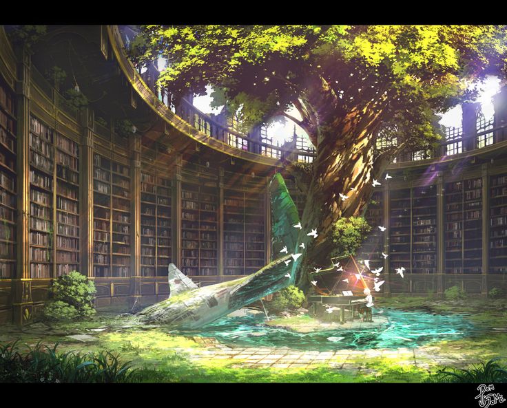 a room filled with lots of books next to a large tree in the middle of a library