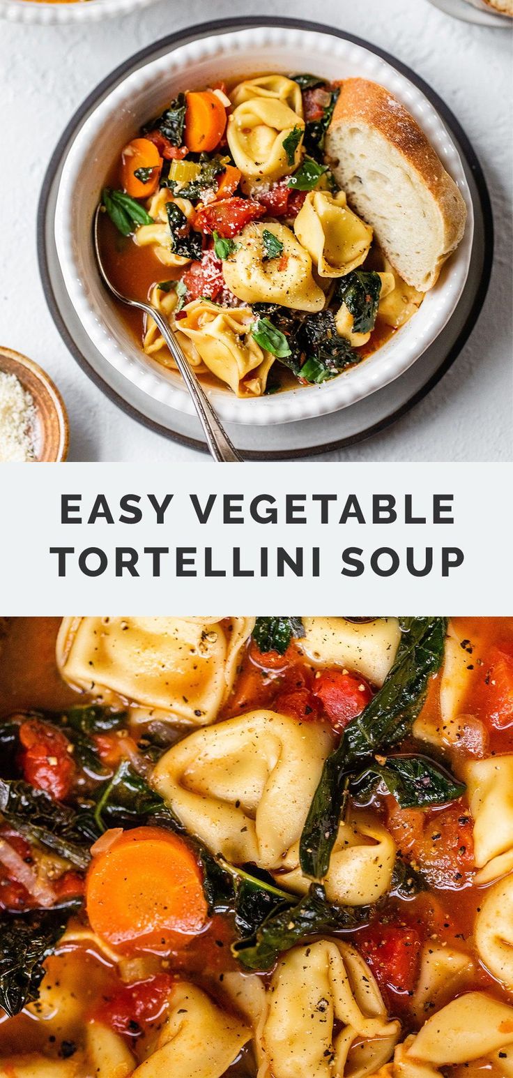 tortellini soup with spinach and carrots in a white bowl