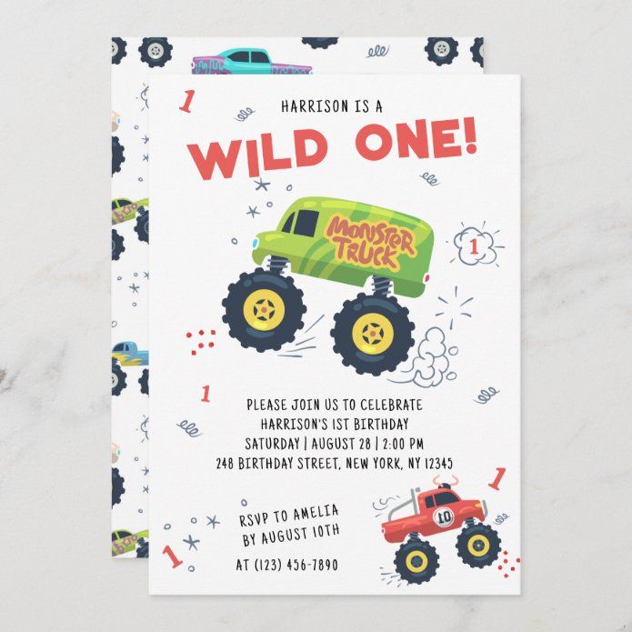 a birthday card with a monster truck on it's front and the words, hudson is a wild one