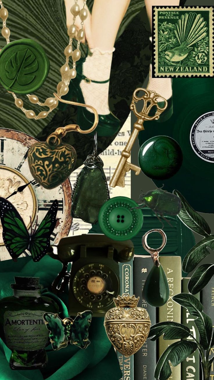 a collage of green and white items including an umbrella, clock, key, plant