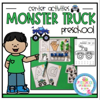 a monster truck preschool worksheet with an image of a boy in green shirt