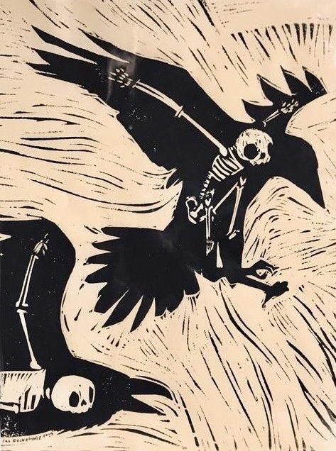 a black and white drawing of a skeleton on a flying bird