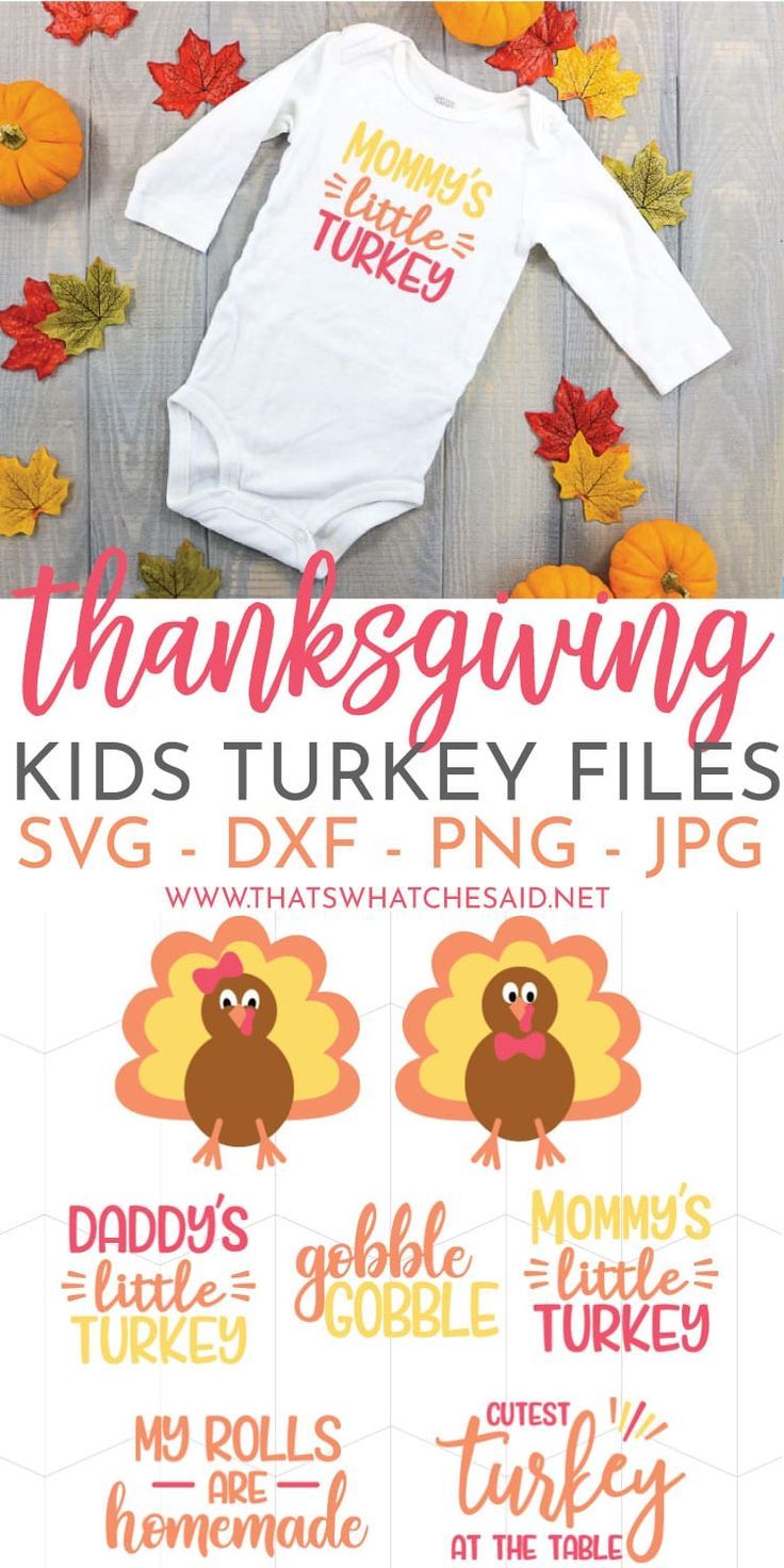 If you have a little turkey in your life, grab this Thanksgiving Turkey Baby Bodysuit SVG Bundle!  A girl &  boy turkey SVGs + 5 cute sayings prefect for shirts or baby bodysuits!  Grab the files and get your craft on!  #cricut #svg #cutfiles Little Turkey Shirt, Free Turkey Svg, Diy Thanksgiving Shirts, Turkey Svg Free, Thanksgiving Shirts For Kids, Kids Thanksgiving Shirts, Cricut Thanksgiving, Thanksgiving Vinyl, Cricut Baby Shower