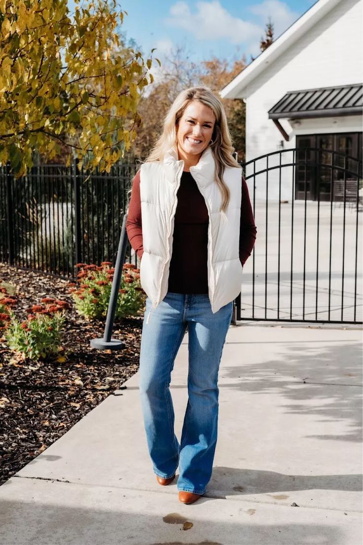 Fall outfits Fall fashion Old Navy puffer vest jeans boots Vest Jeans, Navy Puffer Vest, Vest For Women, Quilted Puffer Vest, Jeans Boots, Outfits Fall, Puffer Vest, Everyday Outfits, Jeans And Boots