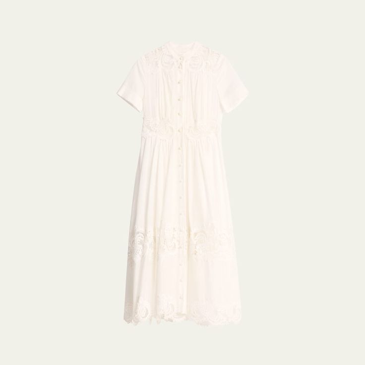 Zimmermann "Pop" cotton midi dress featuring lace trim  Stand collar  Short sleeves  A-line silhouette Hem falls below the knee Button-front  Cotton Unlined Dry clean Imported Broderie Anglaise Dress For Daywear, Lace Trim Midi Dress For Daywear, Feminine Eyelet Dresses For Daywear, Daywear Midi Dress With Lace Trim, Elegant Midi Length Eyelet Dress, Feminine Cotton Midi Dress With Lace Trim, Spring Midi Dress With Lace Collar, Midi Length Dress With Lace Trim For Daywear, Lace Midi Dress For Daywear