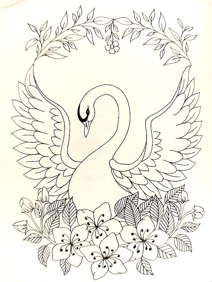 a black and white drawing of a swan surrounded by flowers