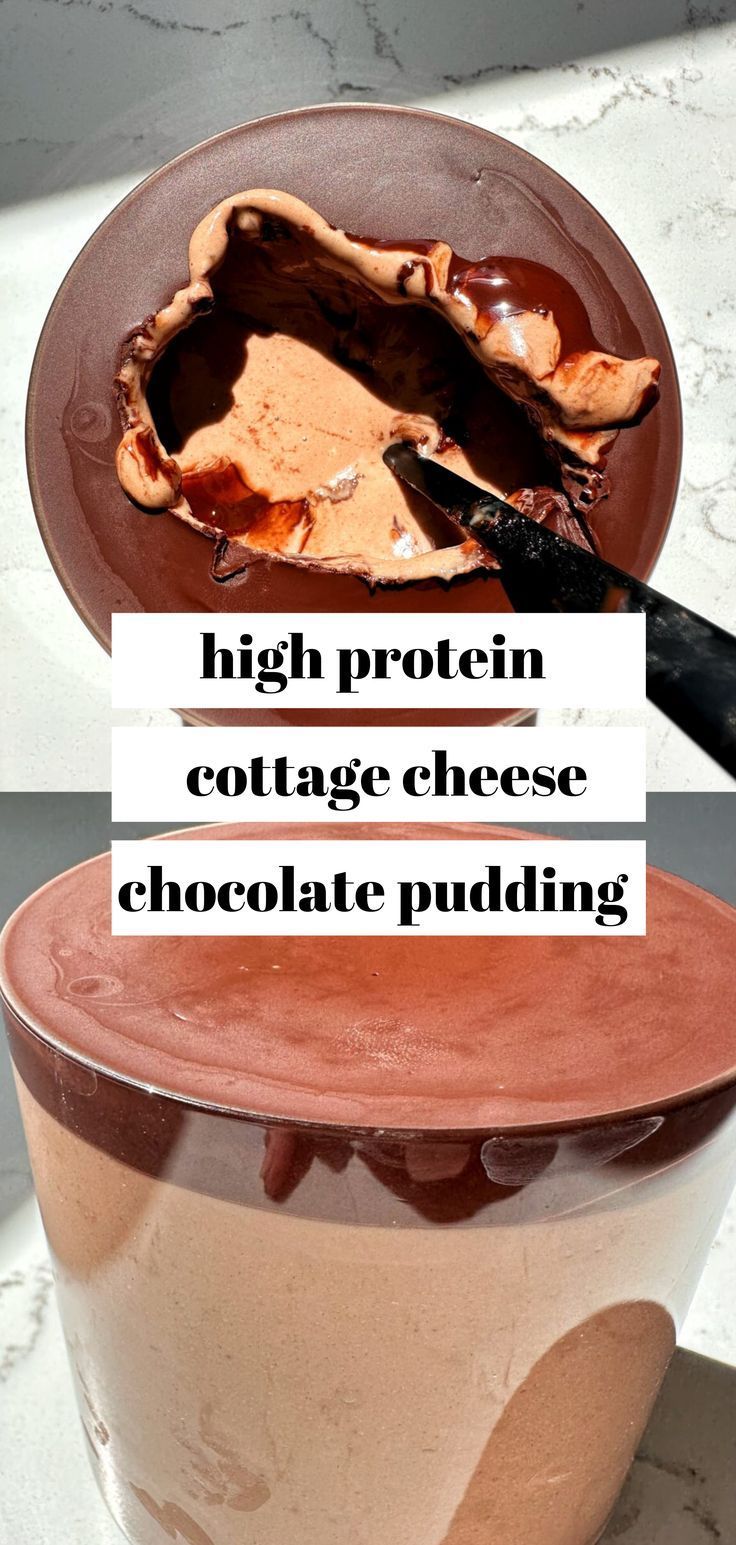 chocolate pudding in a bowl with the words high protein cottage cheese and chocolate pudding on top