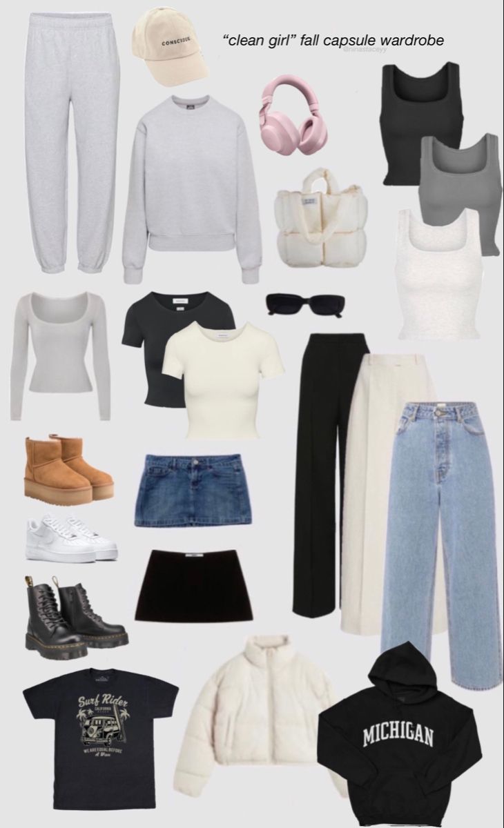 Fall Outfits Clean Girl Aesthetic, Thatgirl Aesthetic Outfits, College Essentials Outfits, It Girl Capsule Wardrobe, Clean College Outfits, Clean Girl Essentials List, Fall Outfits 2023 College, Clean Girl Aesthetic Fashion, College Essentials Clothes