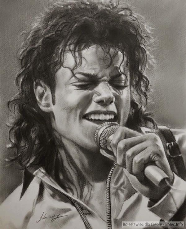 a drawing of the singer michael jackson smiling and holding a microphone in his right hand