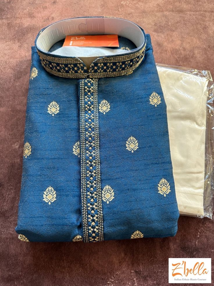 Blue Semi Silk Soft Kurta With Bottom Kurta Blue Long Sleeve Kurta For Diwali, Blue Silk Kurta For Festive Occasions, Blue Sherwani For Eid, Straight Kurta Style, Blue Bollywood Sherwani Straight Kurta, Festive Blue Silk Kurta, Bollywood Style Blue Kurta For Festivals, Wedding Blue Silk Sherwani, Blue Silk Straight Kurta, Blue Kurta With Pallu For Festivals