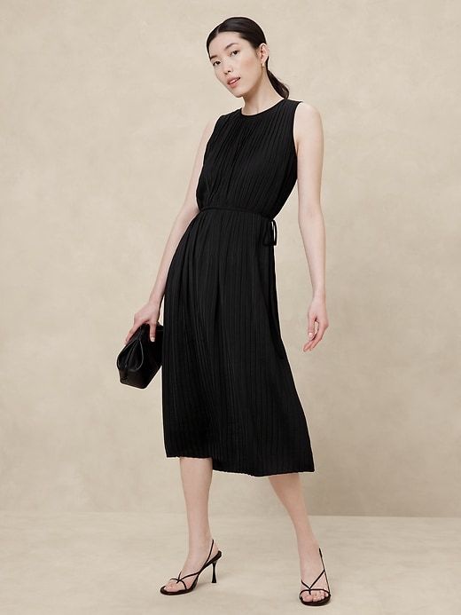 Crystal Pleated Midi Dress | Banana Republic Factory Elegant Sleeveless Pleated Cocktail Dress, Chic Sleeveless Dress With Pleated Bodice For Formal Occasions, Elegant Pleated Sleeveless Dress For Evening, Chic Pleated A-line Dress, Dressy Sleeveless Midi Dress With Pleated Bodice, Dressy Sleeveless Pleated Evening Dress, Elegant Sleeveless Dress With Pleated Skirt, Elegant Sleeveless Dress With Pleated Hem, Elegant Sleeveless Dress With Pleated Waist