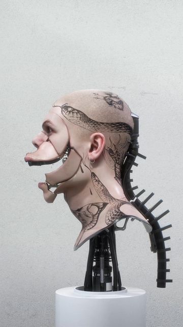 a sculpture of a man's head with tattoos on his face and hair combs attached to it