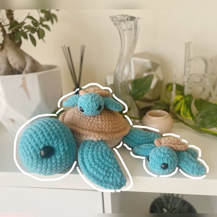 Turquoise crochet turtles with brown shells. Mama turtle with two baby turtles. Crochet Velvet Turtle, Crochet Sea Turtle Pillow Pattern Free, Jumbo Turtle Crochet Pattern Free, Big Turtle Crochet Pattern Free, Jumbo Turtle Crochet, Turtle Patterns, Turtle Crochet Pattern, Big Turtle, Turtle Crochet