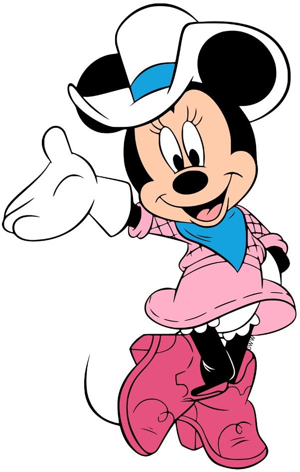 minnie mouse in pink and white outfit with blue bandanna on her head, pointing to the