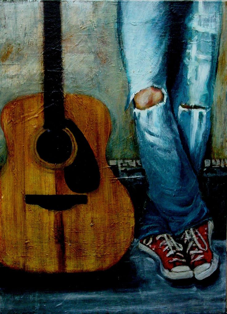 a painting of a person with their feet on a guitar