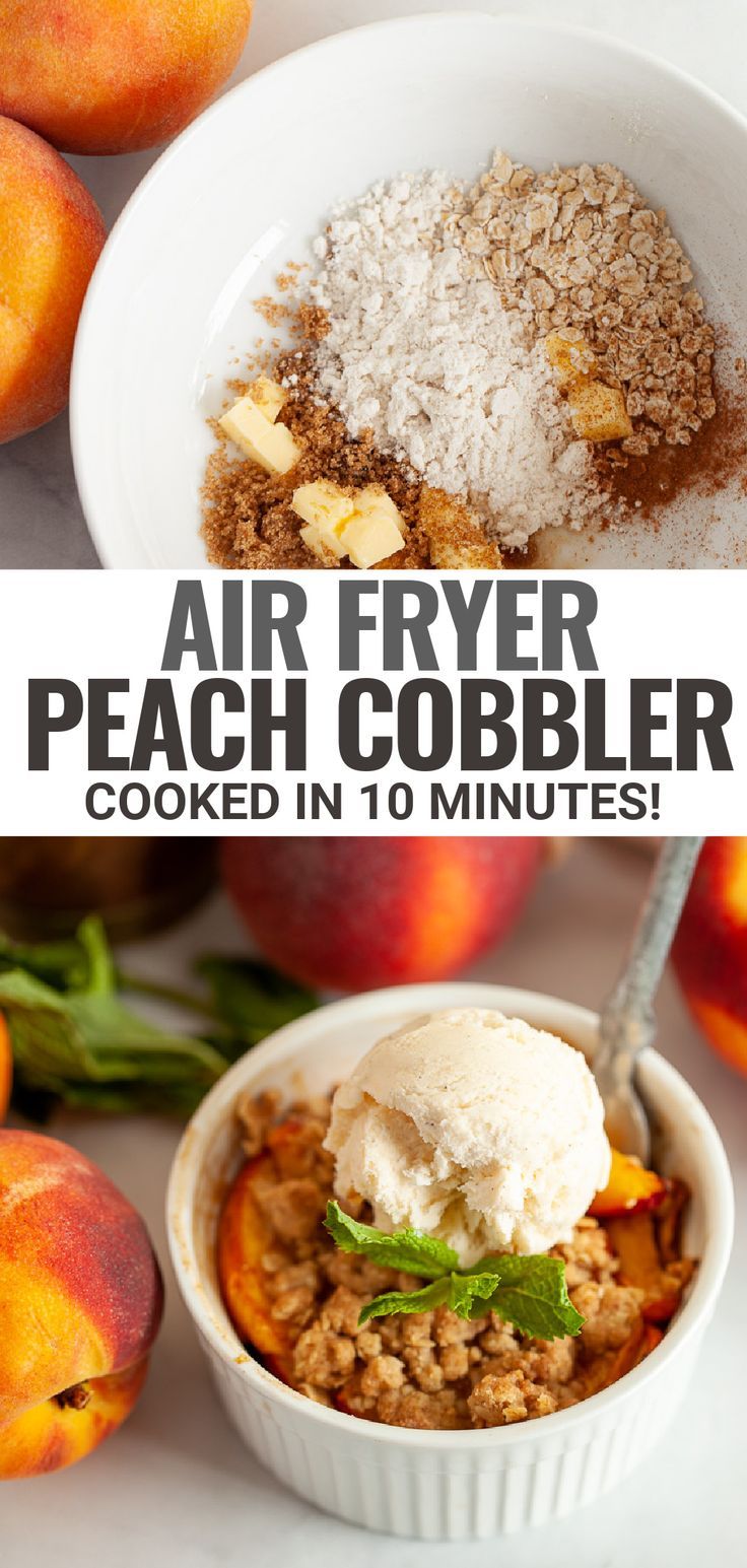 an air fryer peach cobbler in a white bowl