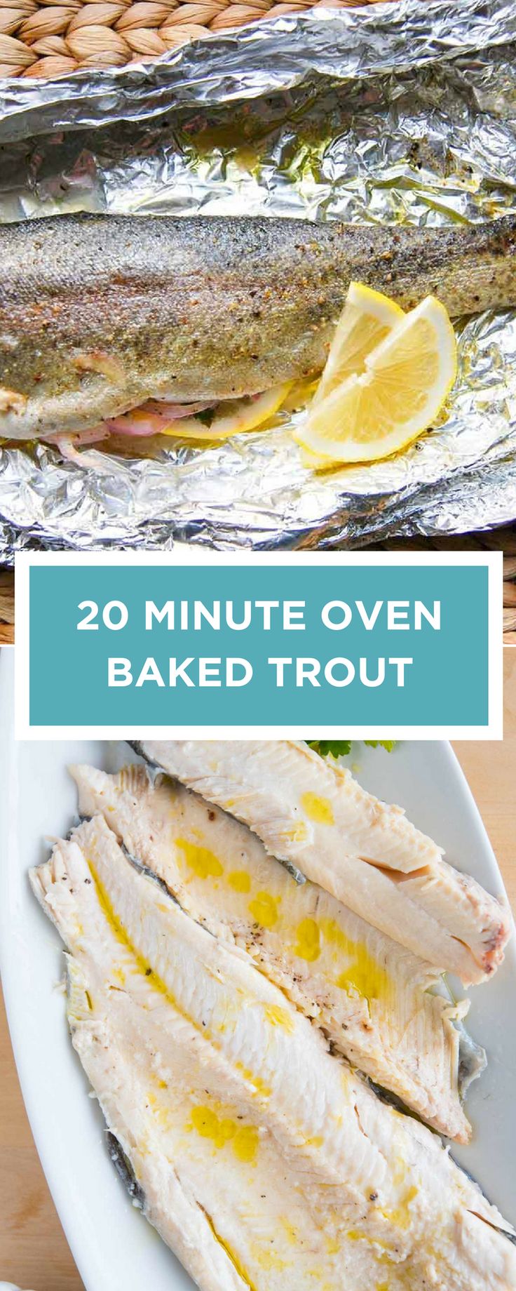 baked fish on tin foil with lemons and seasoning next to it in the background