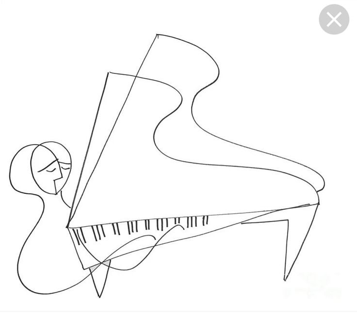 a line drawing of a woman playing the piano with her head down and hands behind her back