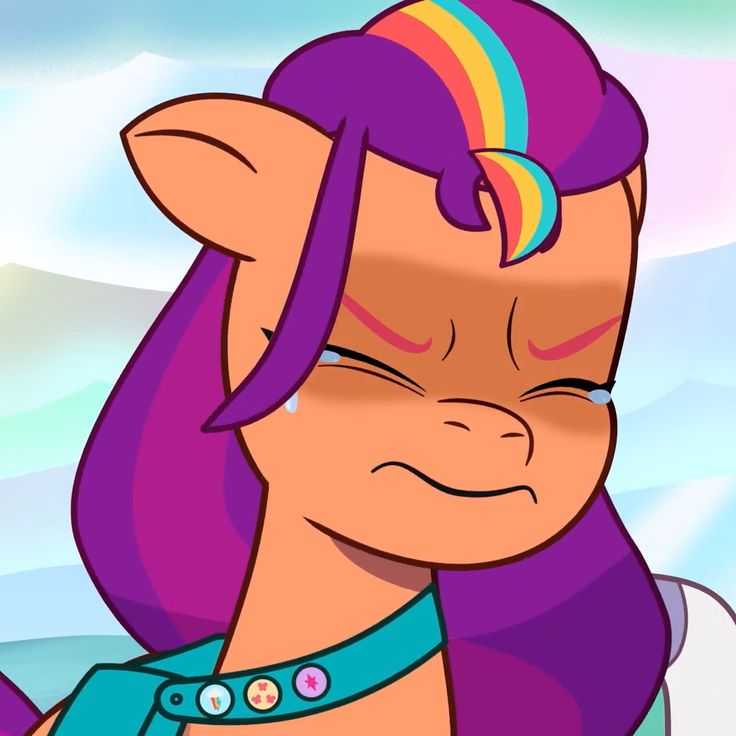 an animated pony with purple hair and blue eyes