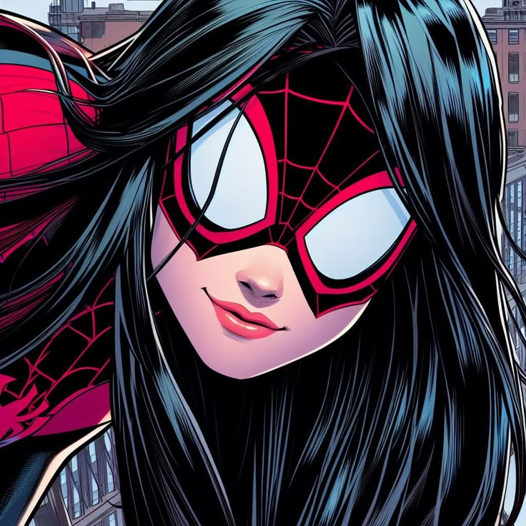 a close up of a spider - woman with long black hair and big white eyes