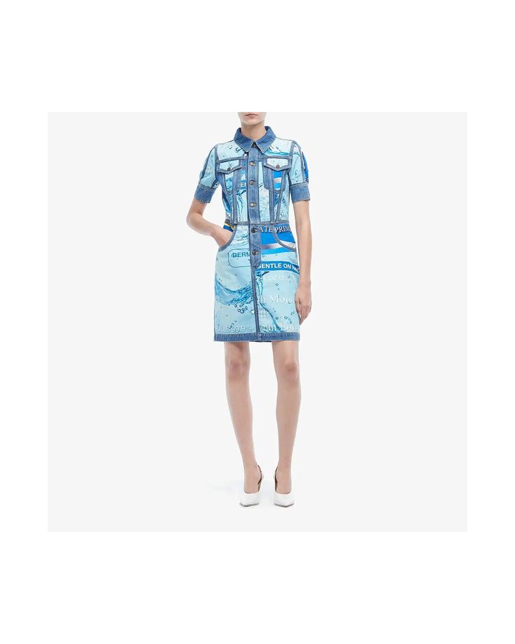 Moschino Consumer Print Denim Dress | 6pm Fitted Collared Denim Dress For Work, Collared Cotton Denim Dress With Pockets, Collared Denim Dress With Button Closure For Work, Fitted Denim Dress With Buttoned Pockets For Work, Cotton Collared Denim Dress For Work, Blue Collared Denim Dress For Work, Collared Blue Denim Dress For Work, Collared Cotton Denim Dress For Work, Cotton Denim Dress With Collar For Work