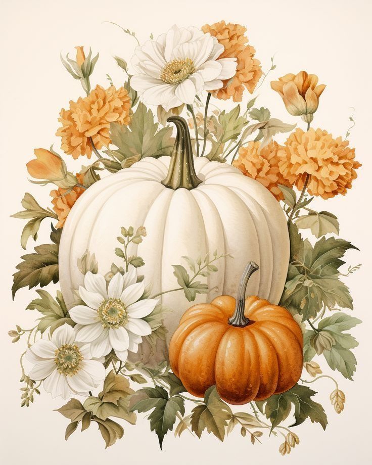 a painting of a white pumpkin surrounded by flowers and leaves on a white background with orange and yellow colors