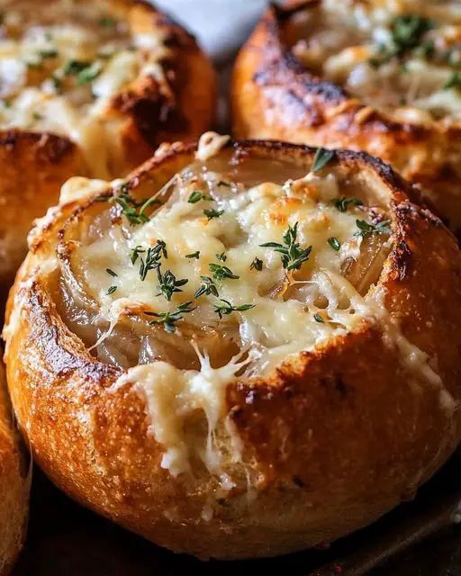 several baked breads with cheese and herbs in them sitting on a table next to each other