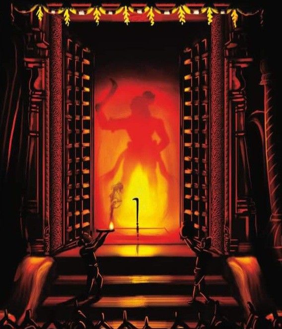 a painting of a man standing in front of a doorway with flames coming from it