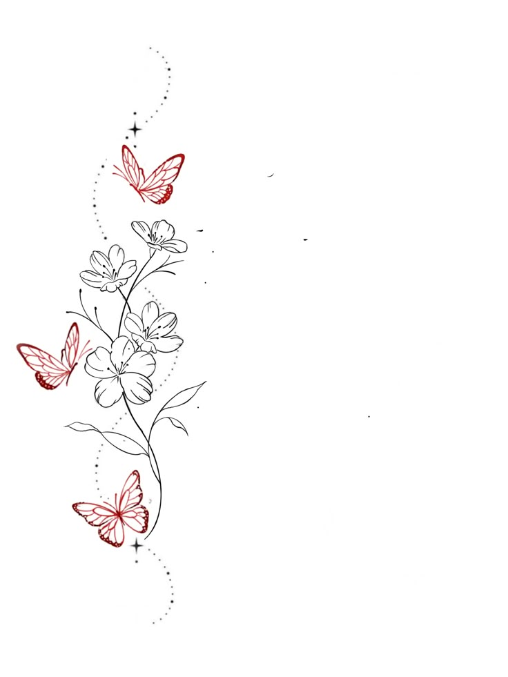 three red butterflies flying over a plant with white flowers and stars in the sky above